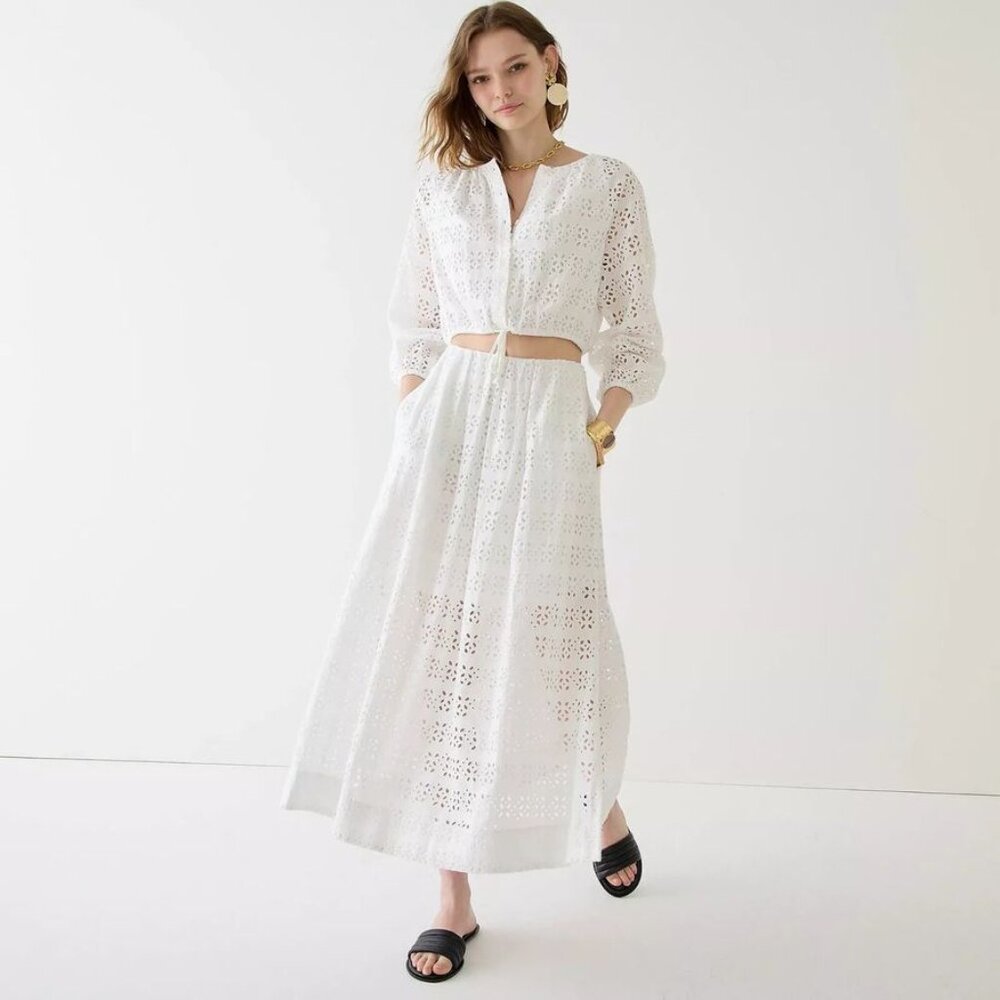 J CREW White Cotton Embroidered Eyelet Top Maxi Skirt Set Dress M 8